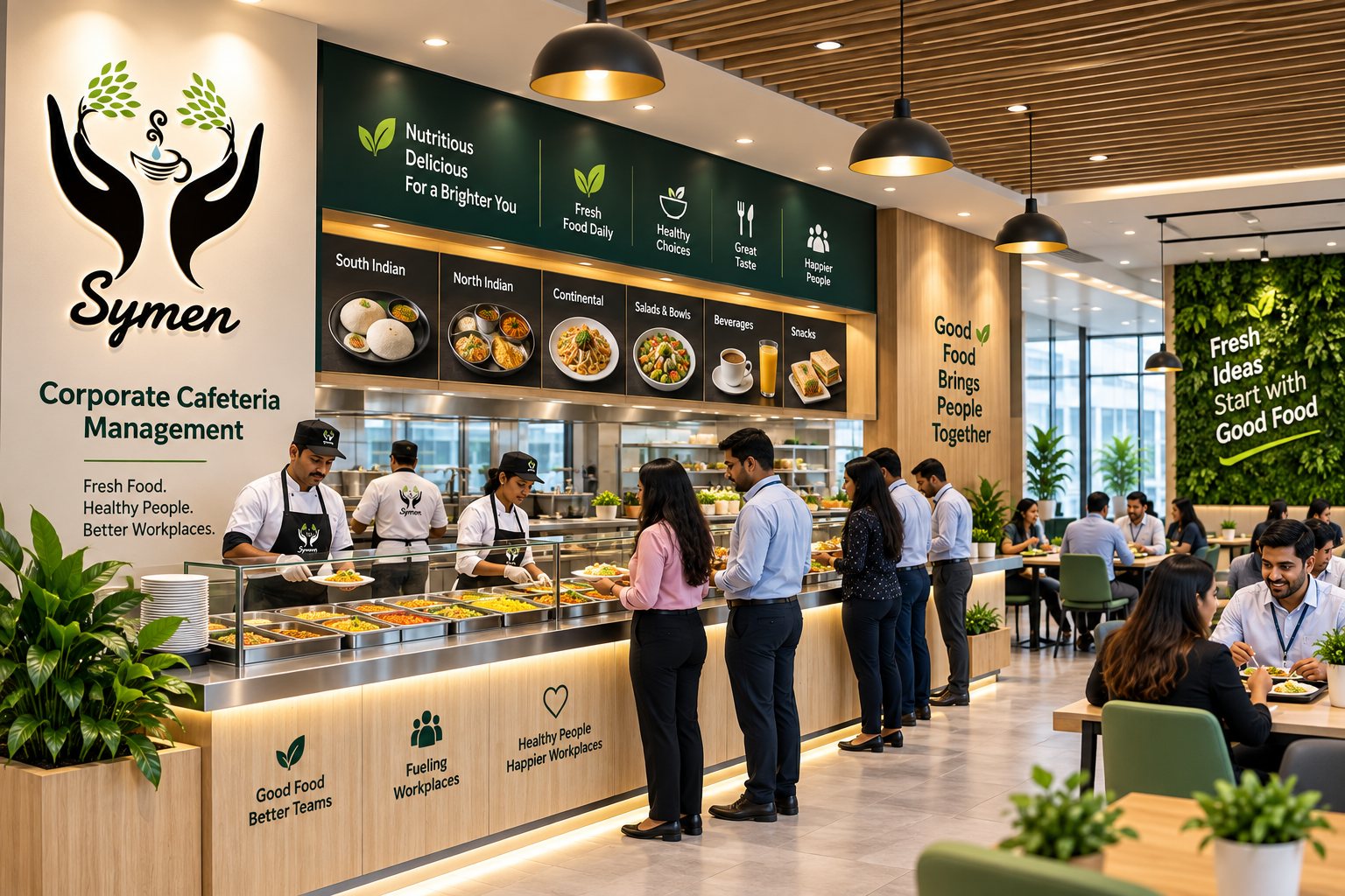 Employees enjoying a Symen-managed workplace cafeteria